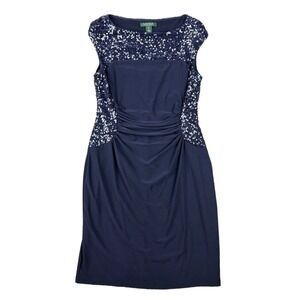 Lauren Ralph Lauren Sz 10P Navy Blue Sequin Ruched Sheath Dress Nylon Polyester